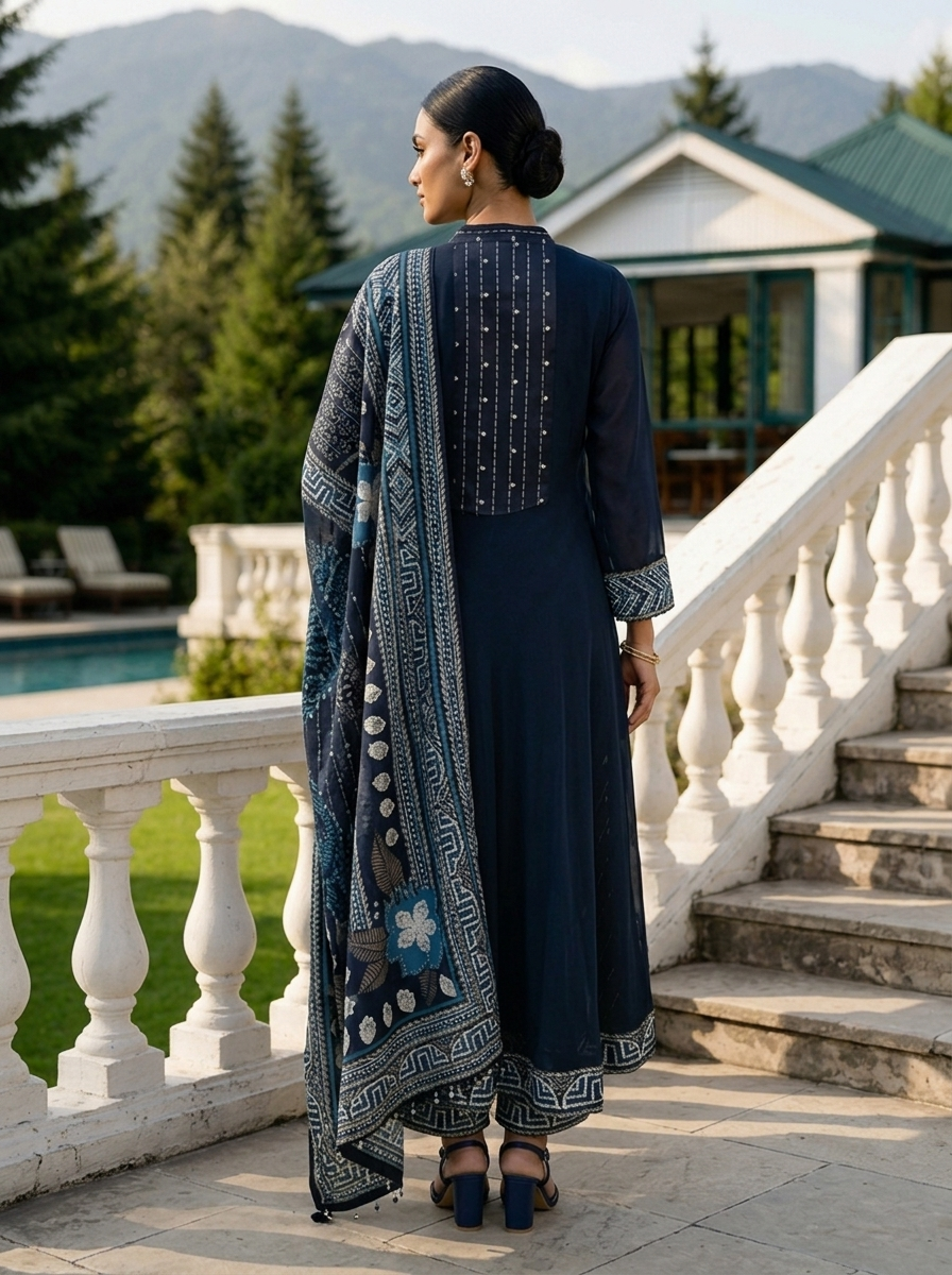 Navy Blue Georgette Paisley Motif Three Piece Set