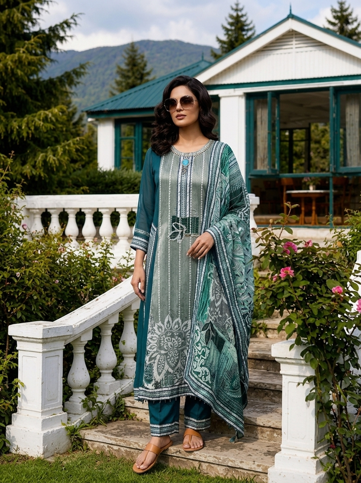 Rama Green Crepe Floral Printed Three Piece Set