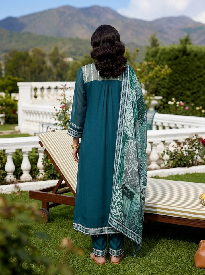 Rama Green Crepe Floral Printed Three Piece Set