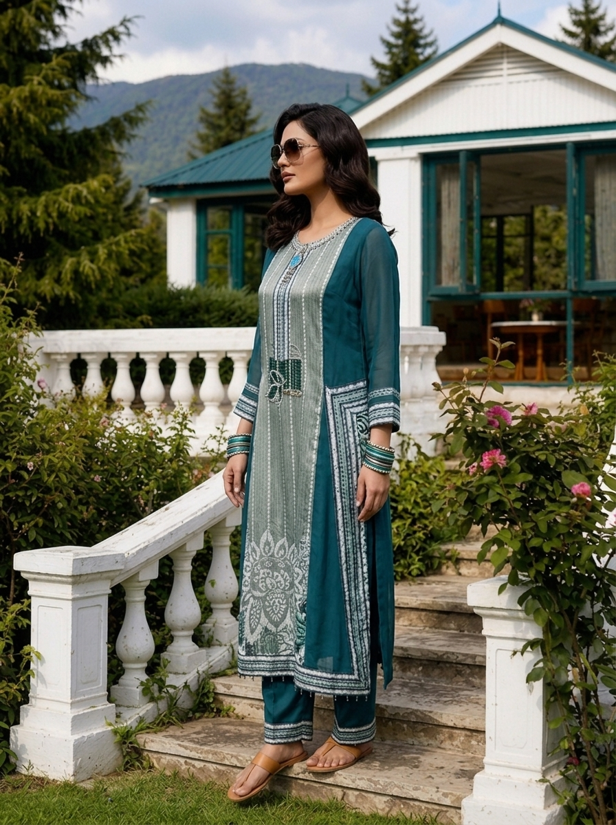 Rama Green Crepe Floral Printed Three Piece Set