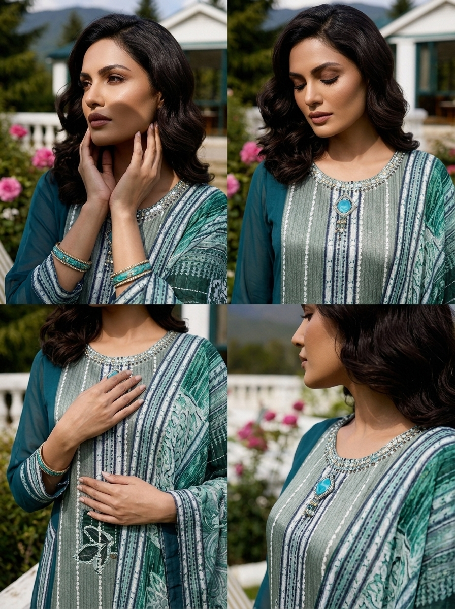 Rama Green Crepe Floral Printed Three Piece Set