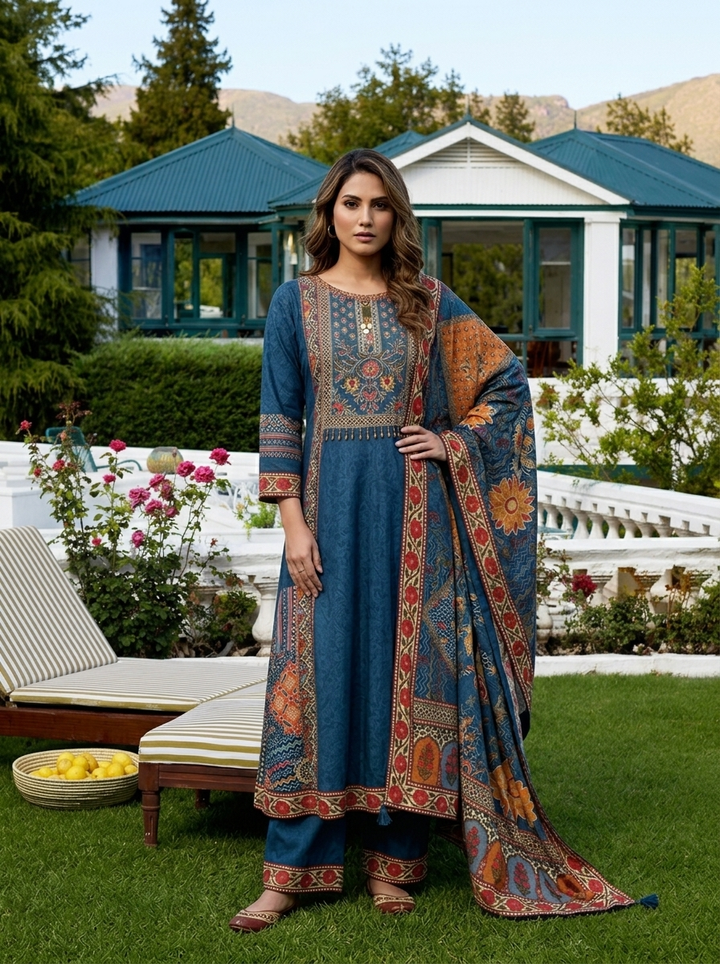 Teal Blue Silk Ethnic Printed Three Piece Set