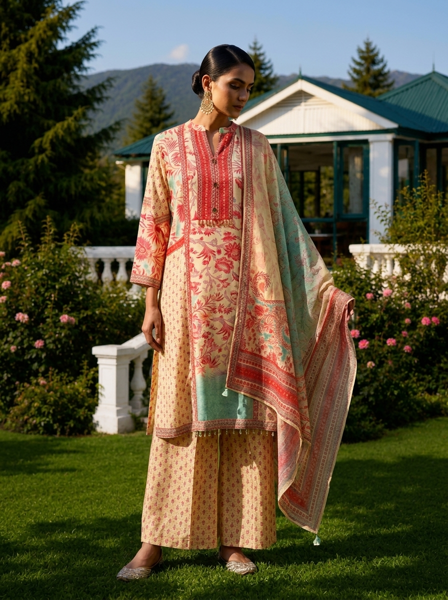 Cream Muslin Floral Printed Three Piece Set