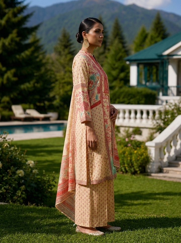 Cream Muslin Floral Printed Three Piece Set