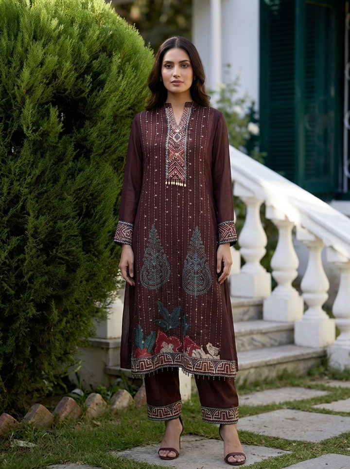 Choclate Georgette Paisley Motif Three Piece Set