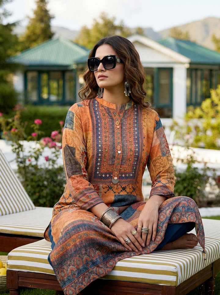 Orange Crepe Patch Printed Three Piece Set