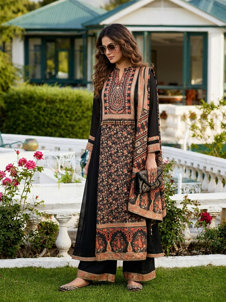 Black Georgette Floral Printed Three Piece Set