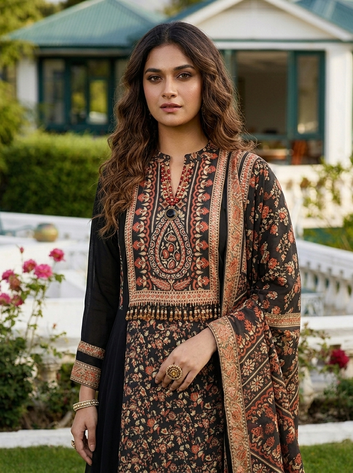 Black Georgette Floral Printed Three Piece Set