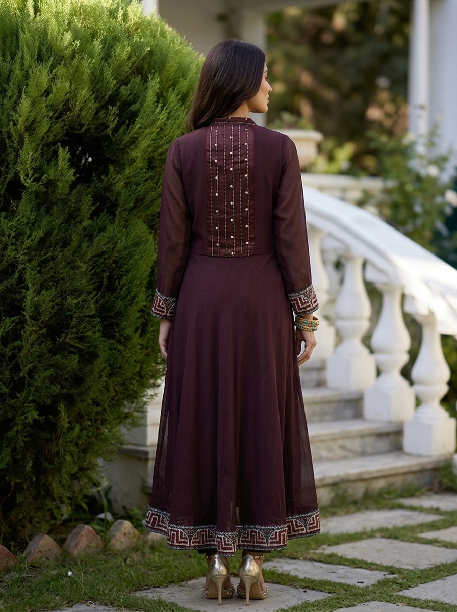 Choclate Georgette Paisley Motif Three Piece Set
