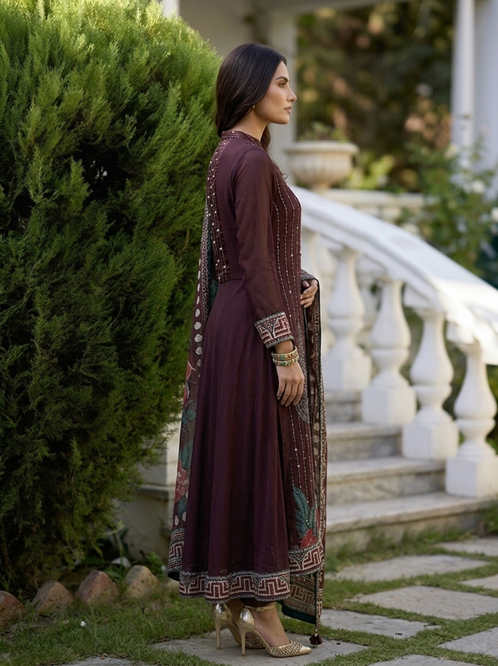 Choclate Georgette Paisley Motif Three Piece Set