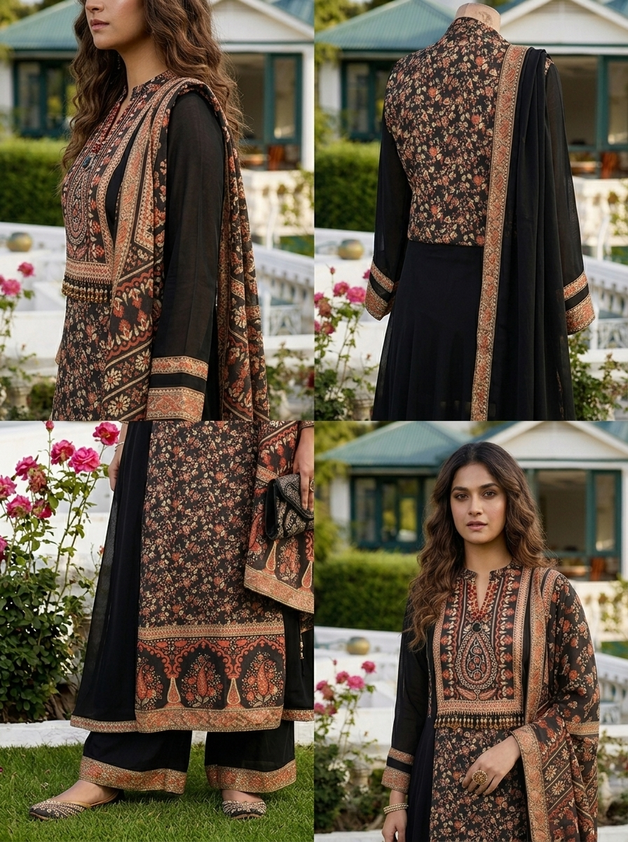 Black Georgette Floral Printed Three Piece Set