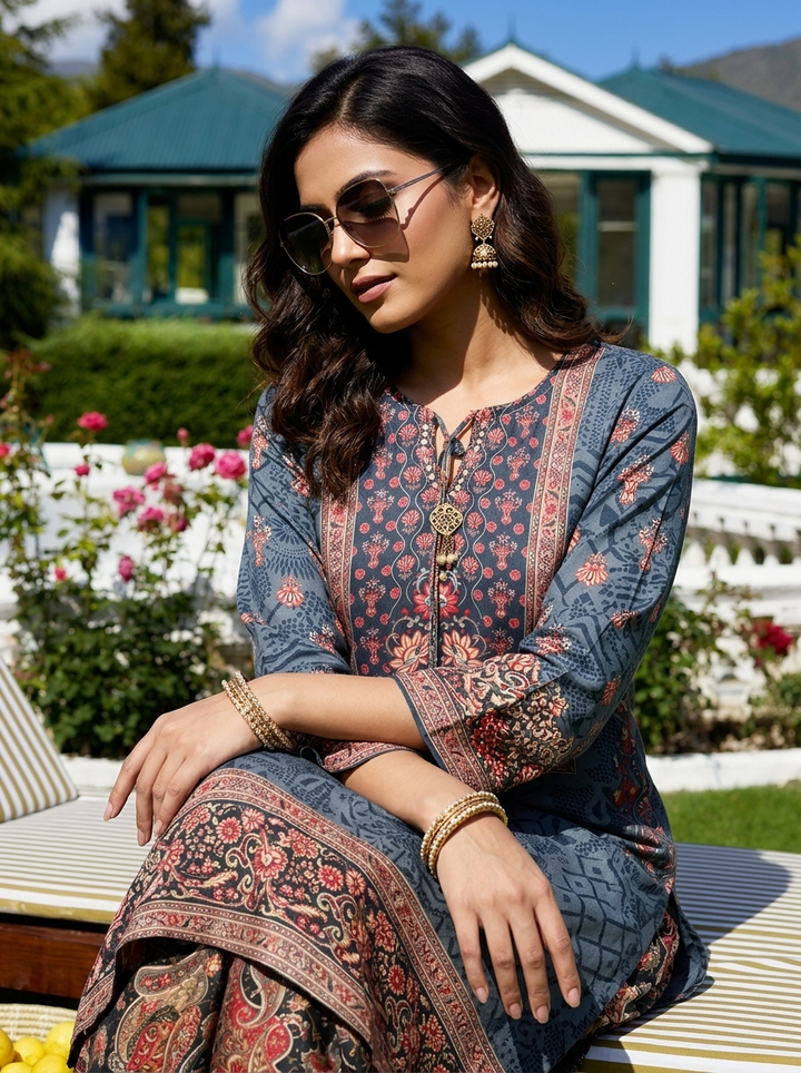 Grey Crepe Ethnic Motif Printed Three Piece Set