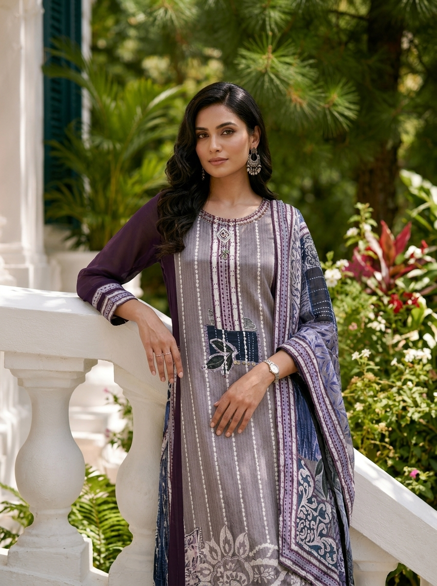Purple Crepe Floral Printed Three Piece Set