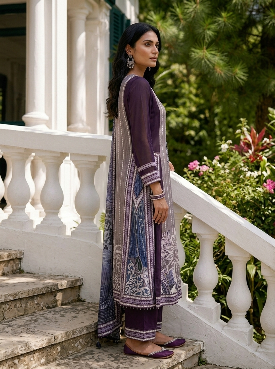 Purple Crepe Floral Printed Three Piece Set