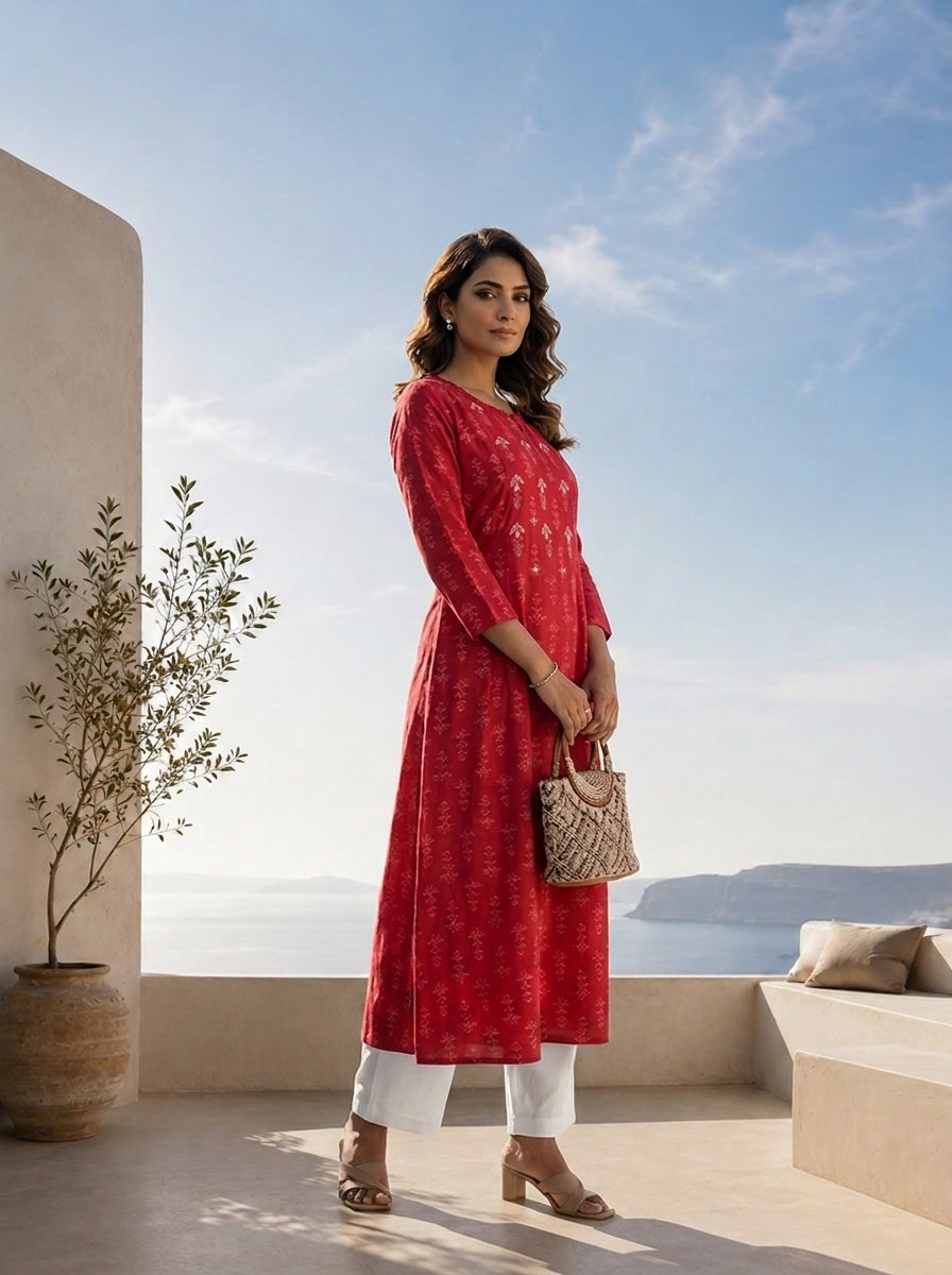 Maroon Silk Ethnic Motifs Printed A-Line Kurta