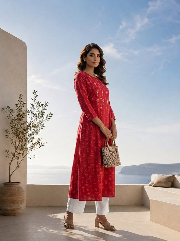 Maroon Silk Ethnic Motifs Printed A-Line Kurta