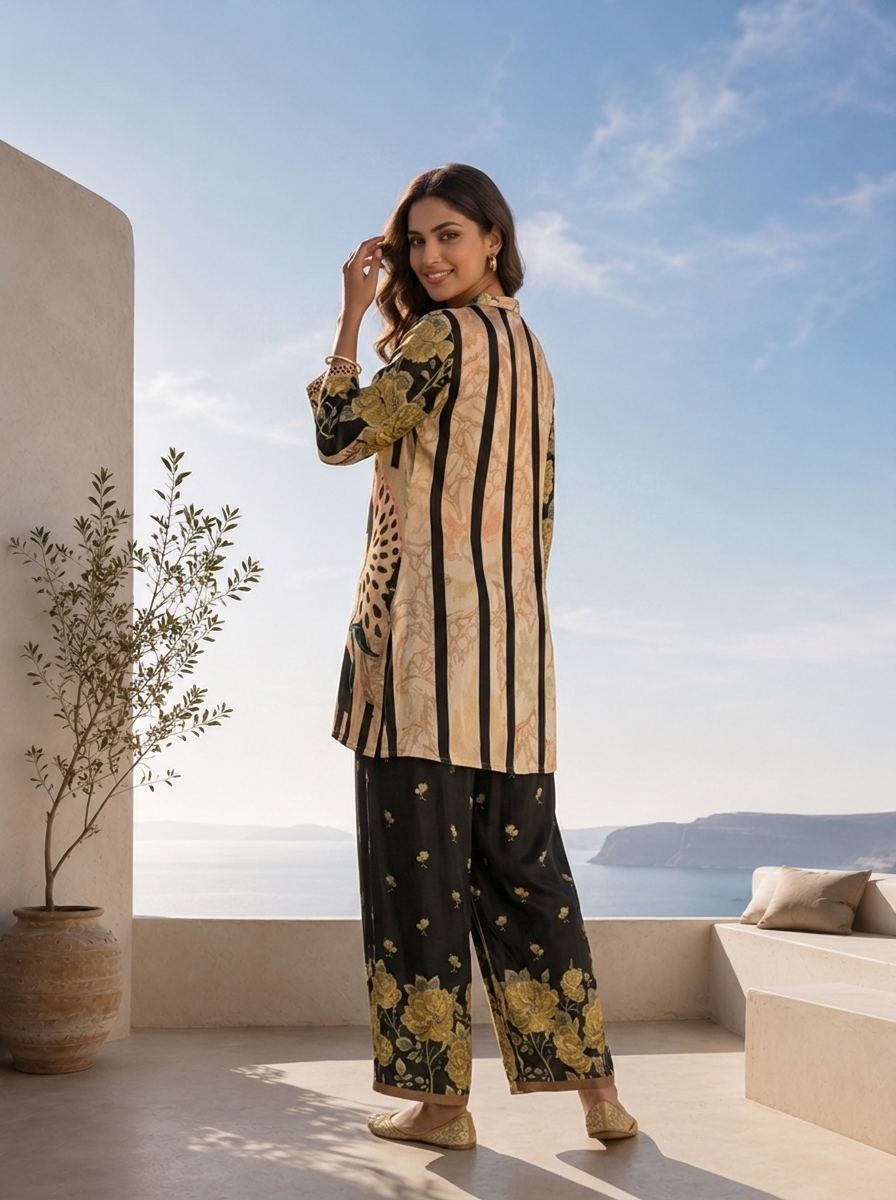 Black And Beige Heavy Floral Printed Two Piece Set