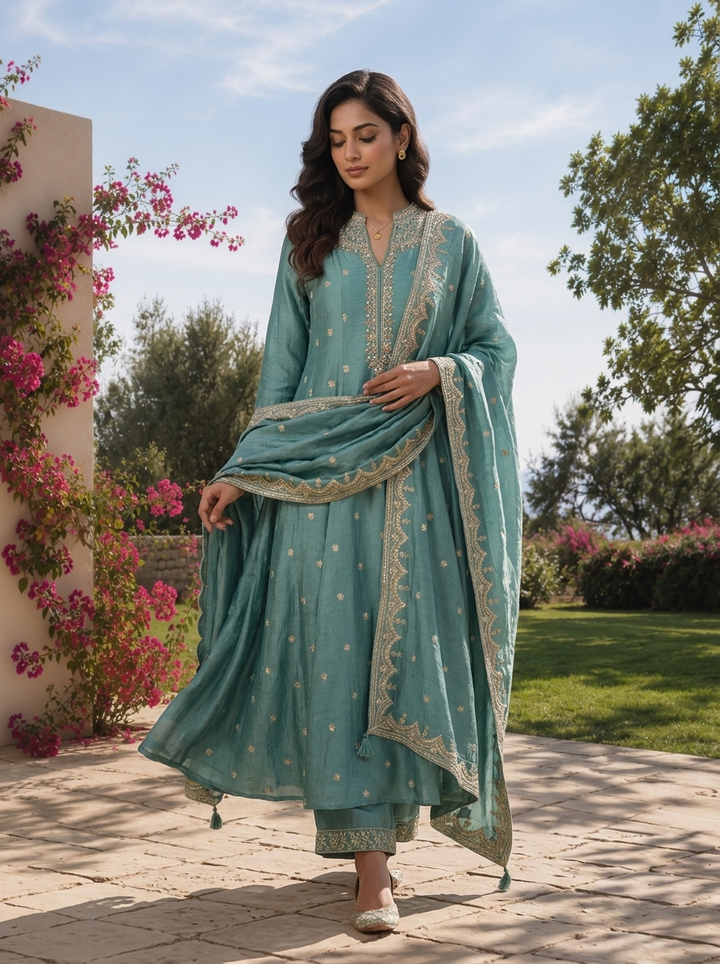 Sea Green Tissue Floral Zari Embroidered Three Piece Set