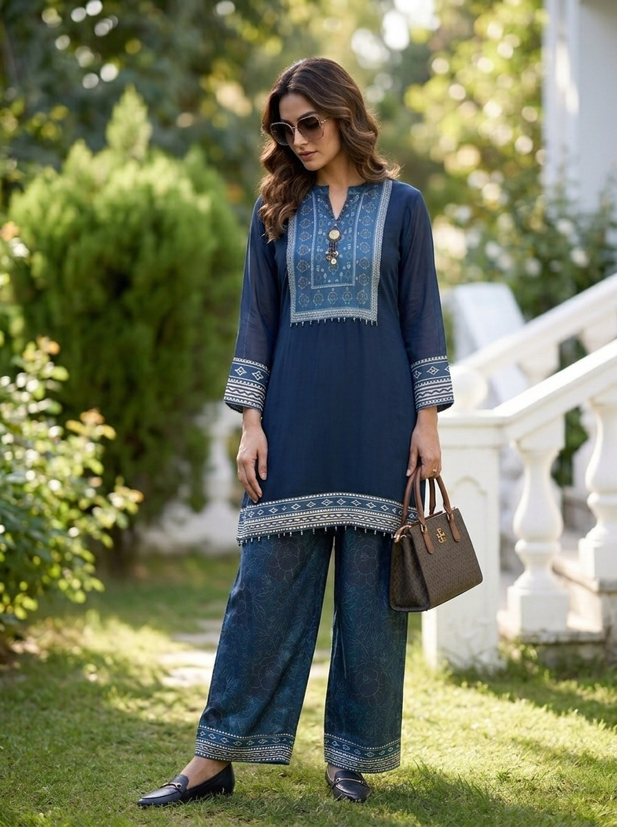 Navy Blue Georgette Ethnic Printed Two Piece Set