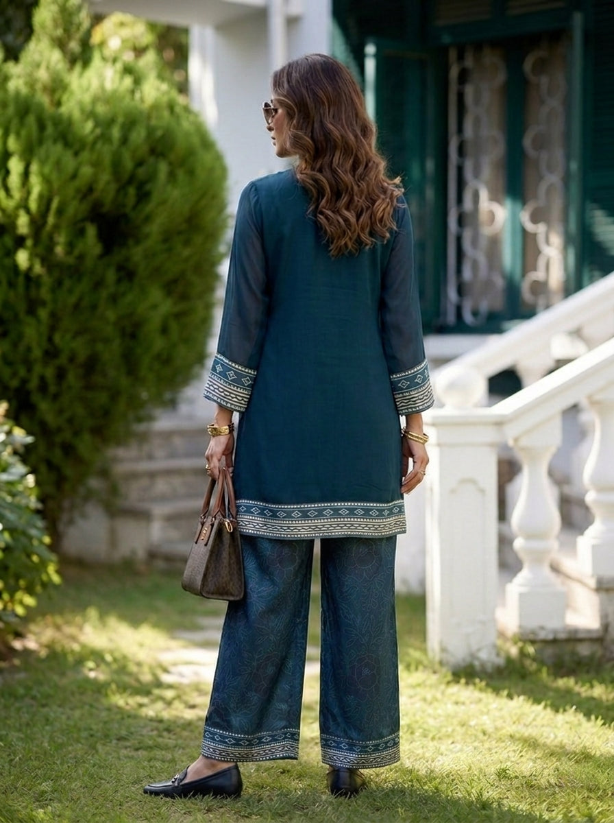 Navy Blue Georgette Ethnic Printed Two Piece Set