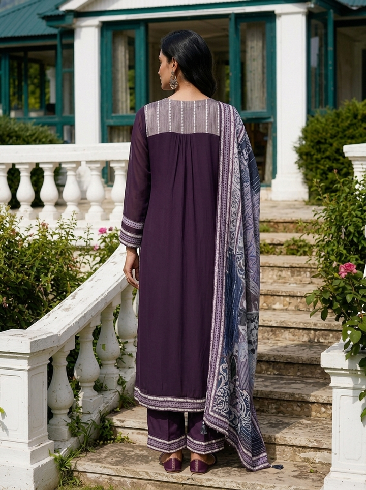 Purple Crepe Floral Printed Three Piece Set