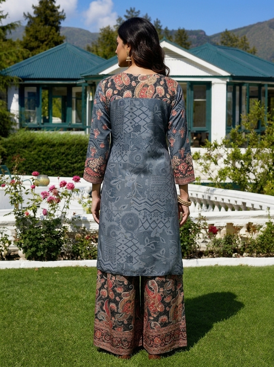 Grey Crepe Ethnic Motif Printed Three Piece Set