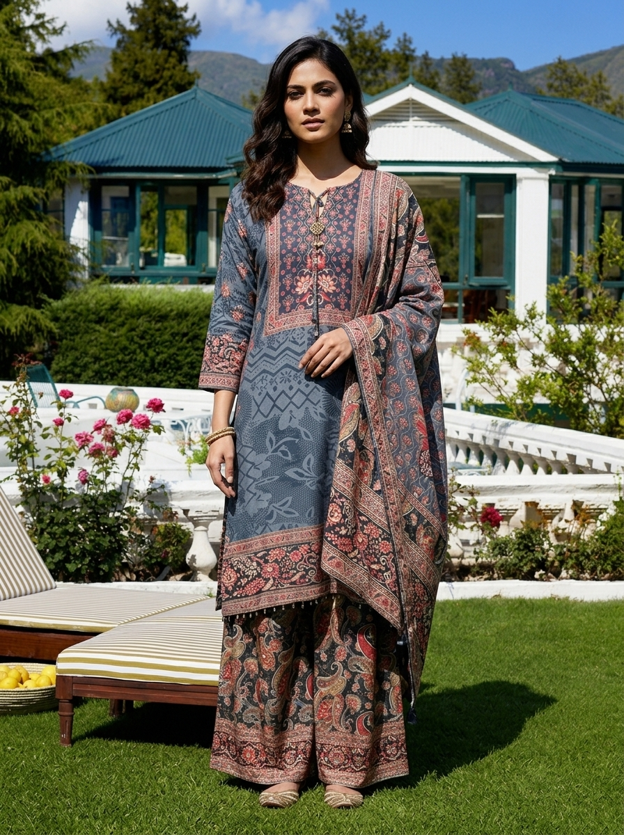 Grey Crepe Ethnic Motif Printed Three Piece Set