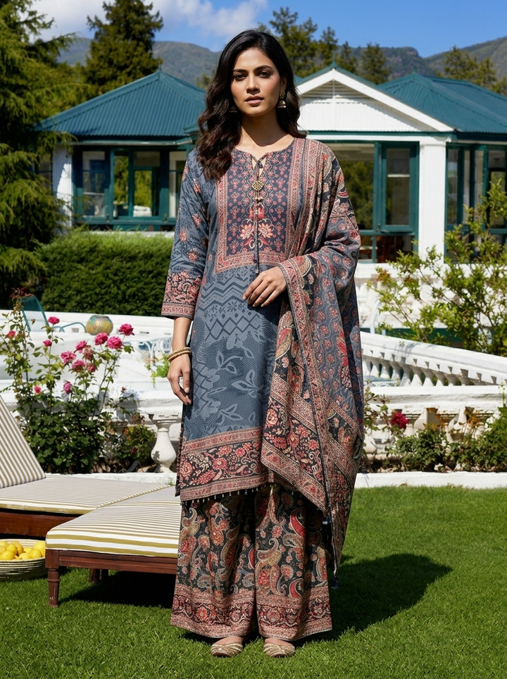 Grey Crepe Ethnic Motif Printed Three Piece Set