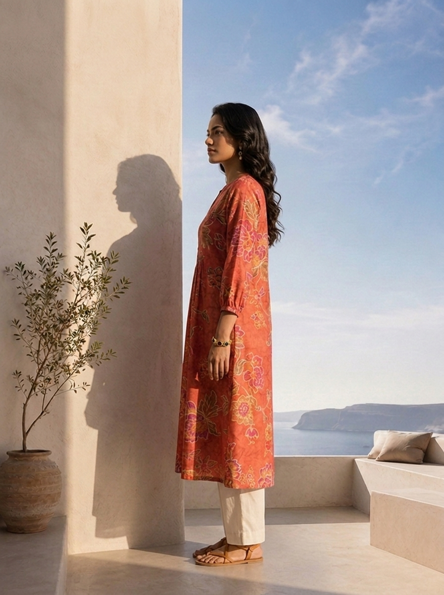 Rust Hand Embroidered And Pleated Design Muslin Fabric Kurta