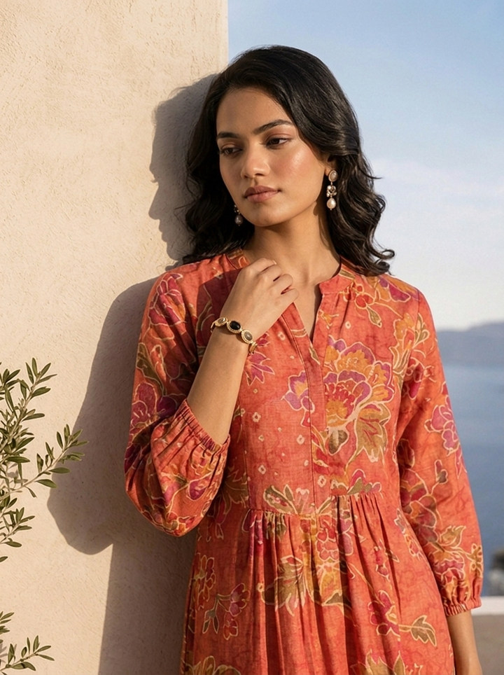 Rust Hand Embroidered And Pleated Design Muslin Fabric Kurta