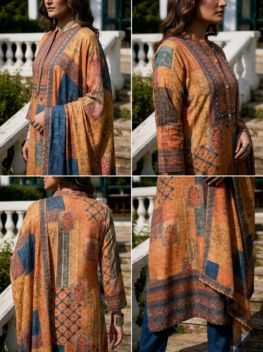 Orange Crepe Patch Printed Three Piece Set