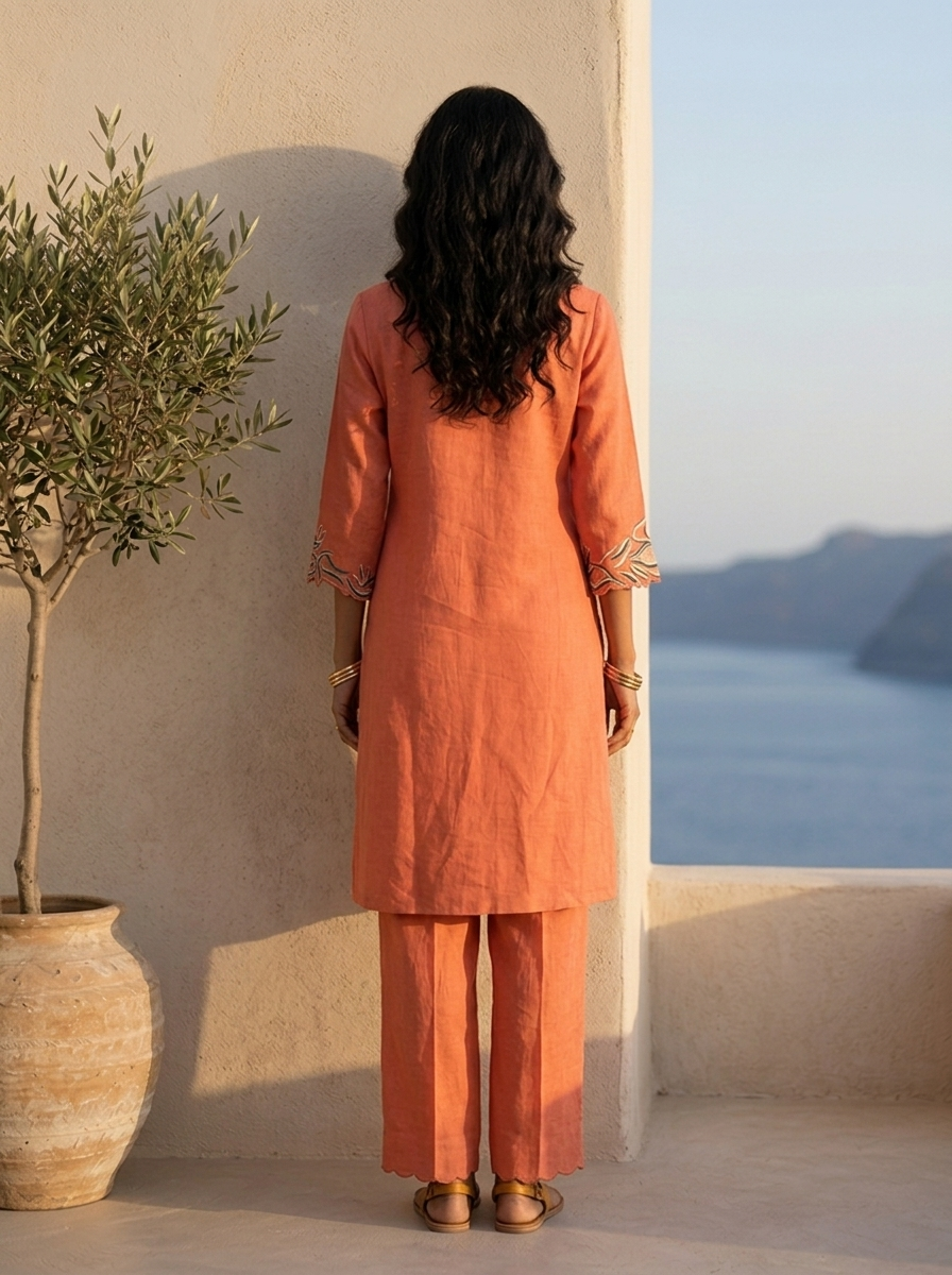 Burnt Orange Solid Design And Hand Thread Embroidery Two Piece Set