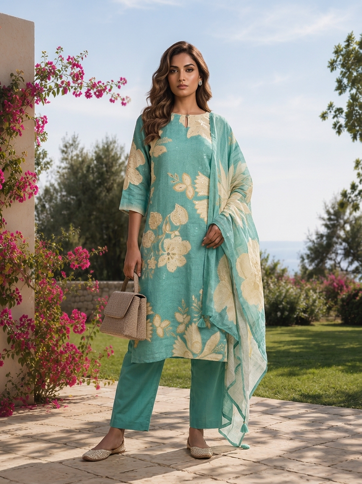 Sea Green Hand Embroidered And Floral Digital Printed Linen Three Piece Set