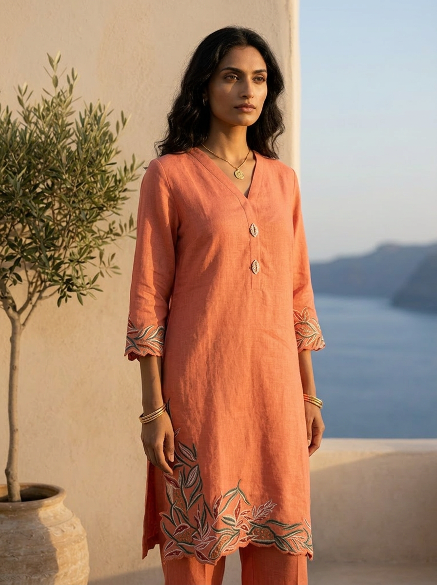 Burnt Orange Solid Design And Hand Thread Embroidery Two Piece Set