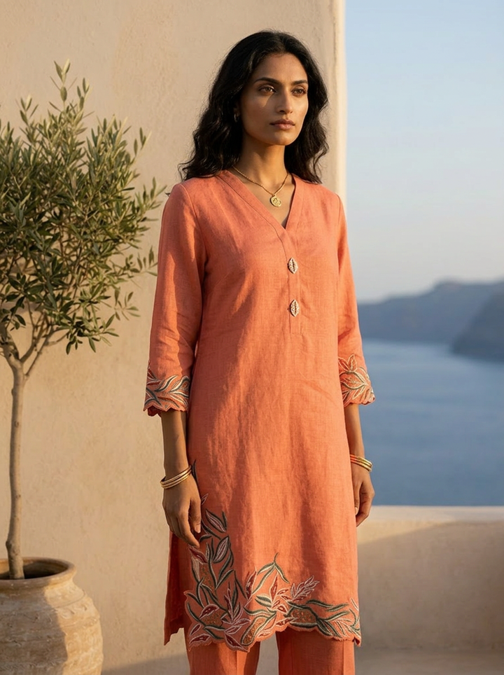 Burnt Orange Solid Design And Hand Thread Embroidery Two Piece Set