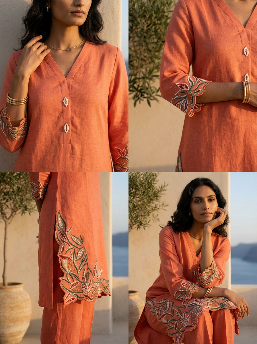 Burnt Orange Solid Design And Hand Thread Embroidery Two Piece Set