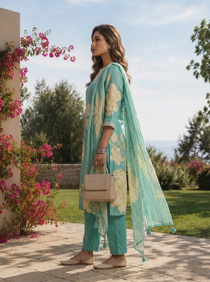 Sea Green Hand Embroidered And Floral Digital Printed Linen Three Piece Set