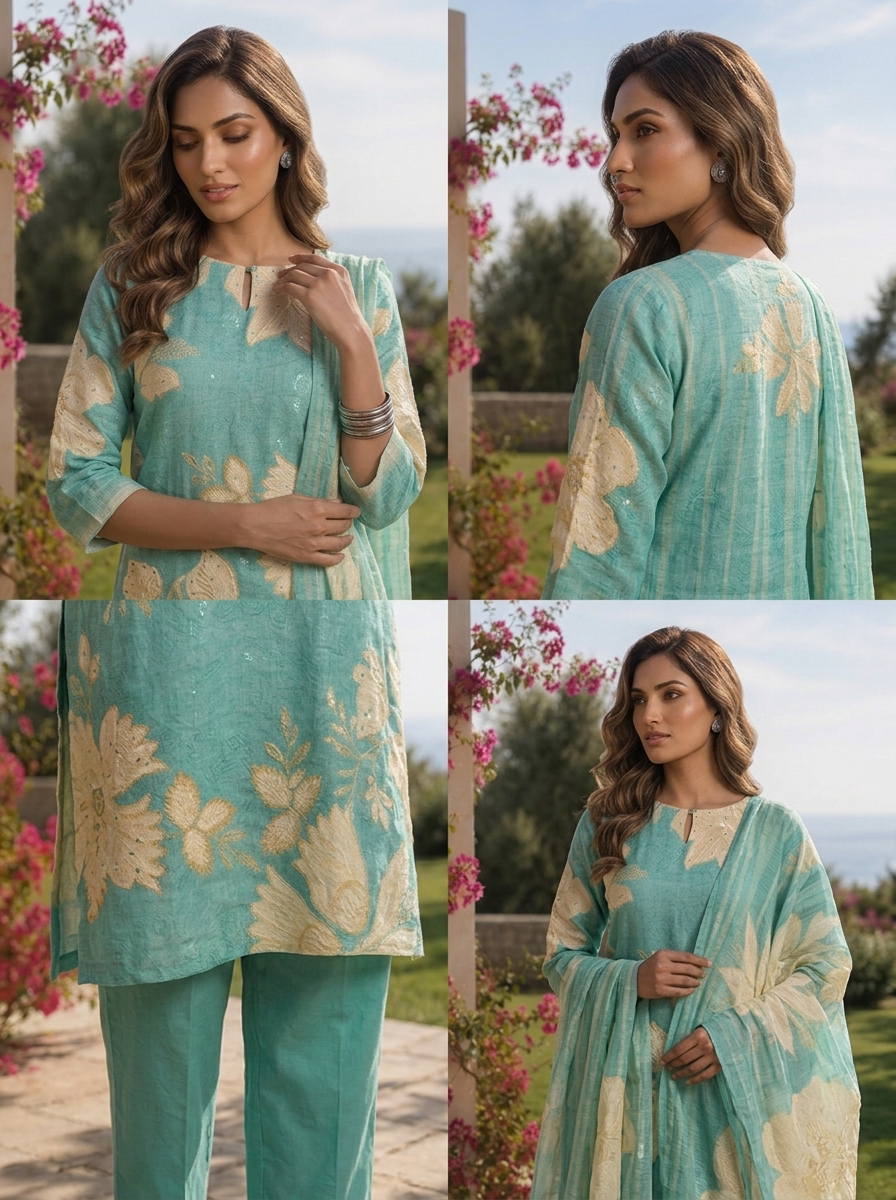 Sea Green Hand Embroidered And Floral Digital Printed Linen Three Piece Set