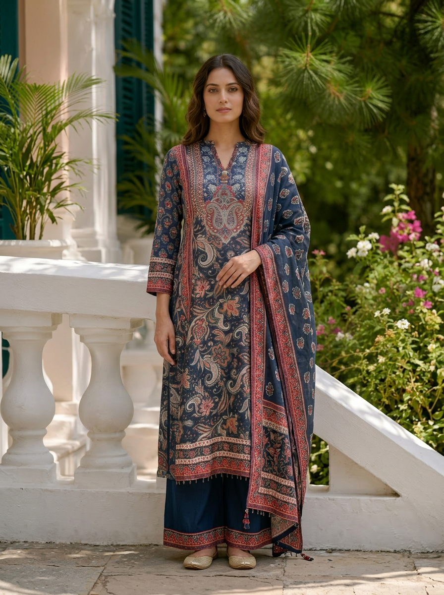 Navy Blue Muslin Floral Printed Three Piece Set