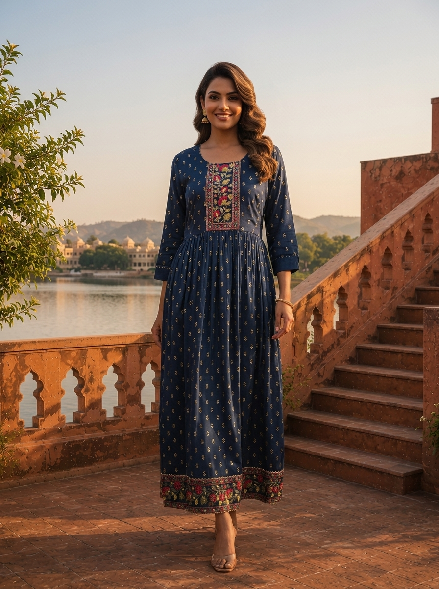 Navy Blue Crepe Gold Foil Buti Printed Dress