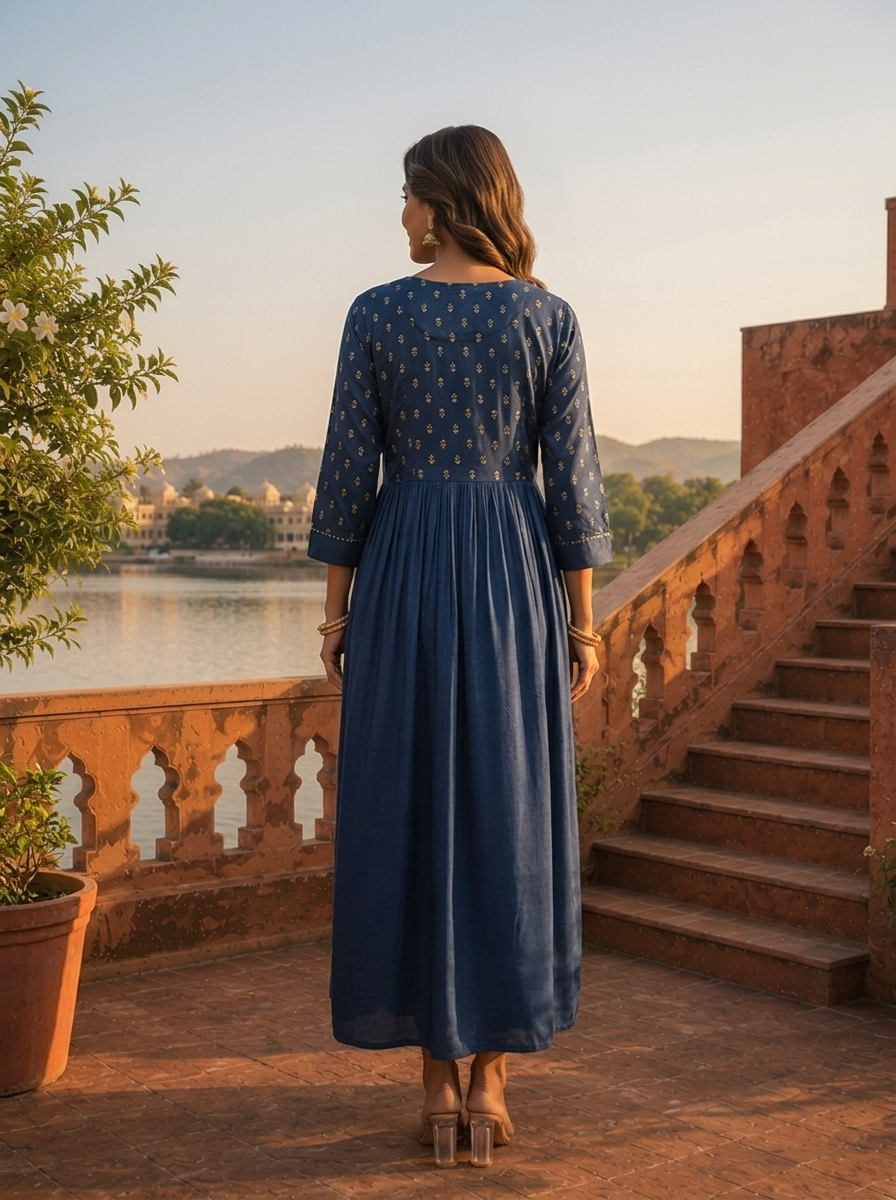 Navy Blue Crepe Gold Foil Buti Printed Dress