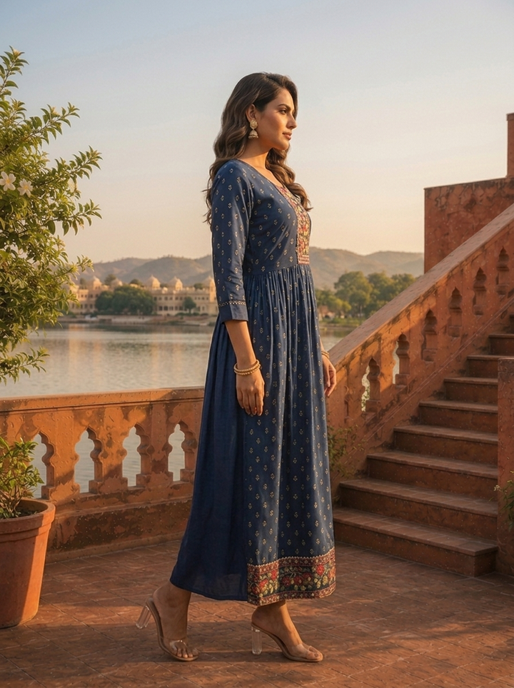 Navy Blue Crepe Gold Foil Buti Printed Dress