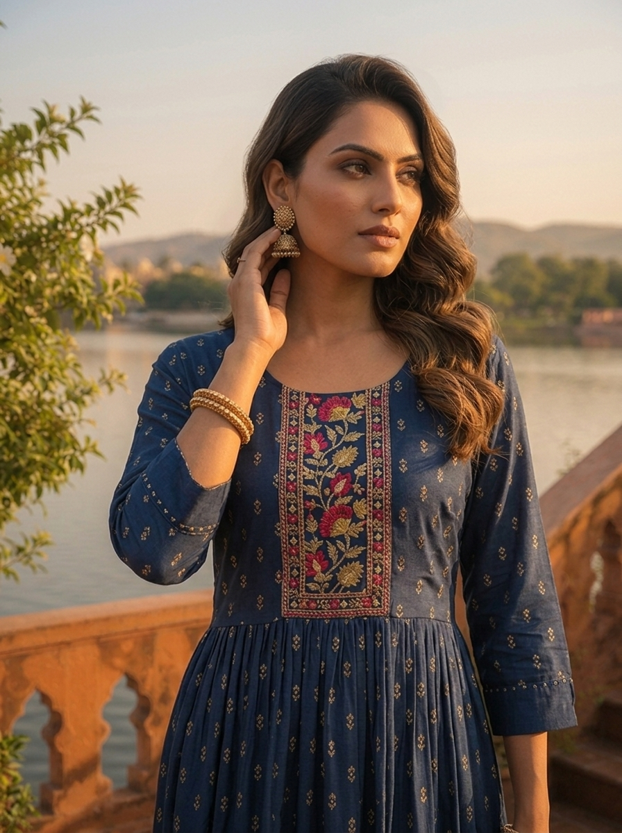 Navy Blue Crepe Gold Foil Buti Printed Dress
