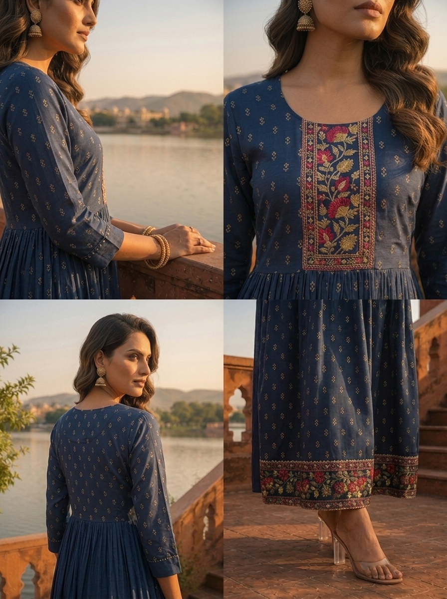 Navy Blue Crepe Gold Foil Buti Printed Dress