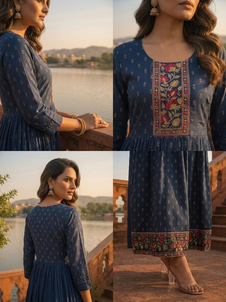 Navy Blue Crepe Gold Foil Buti Printed Dress