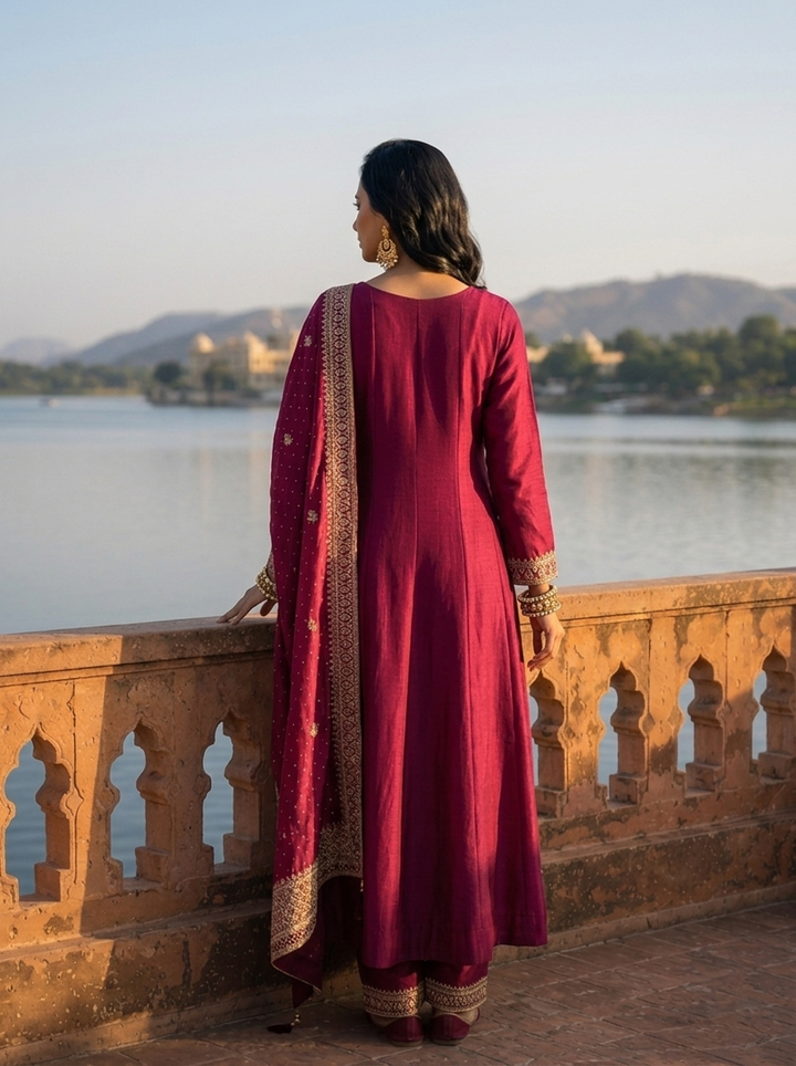 Wine Vichitra Silk Scalloped Zari Embroidery Three Piece Set