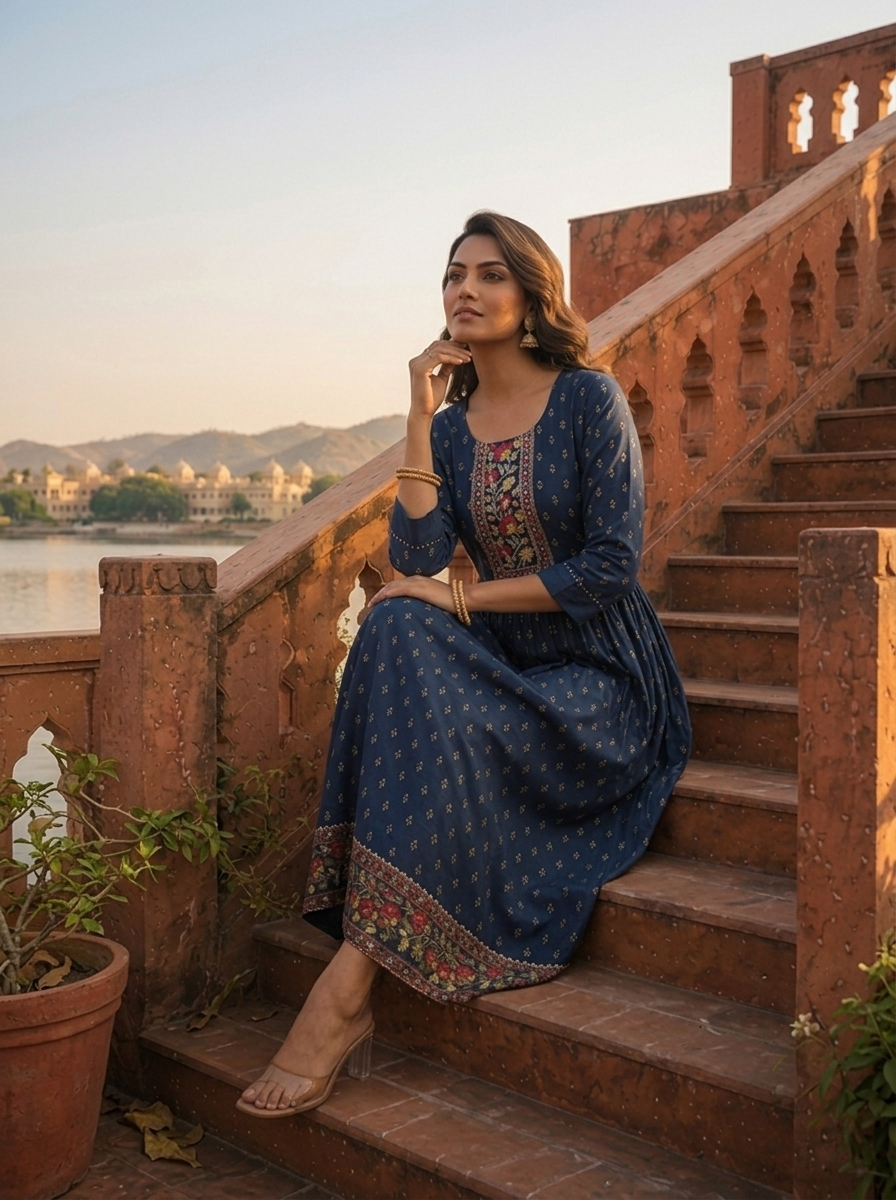 Navy Blue Crepe Gold Foil Buti Printed Dress