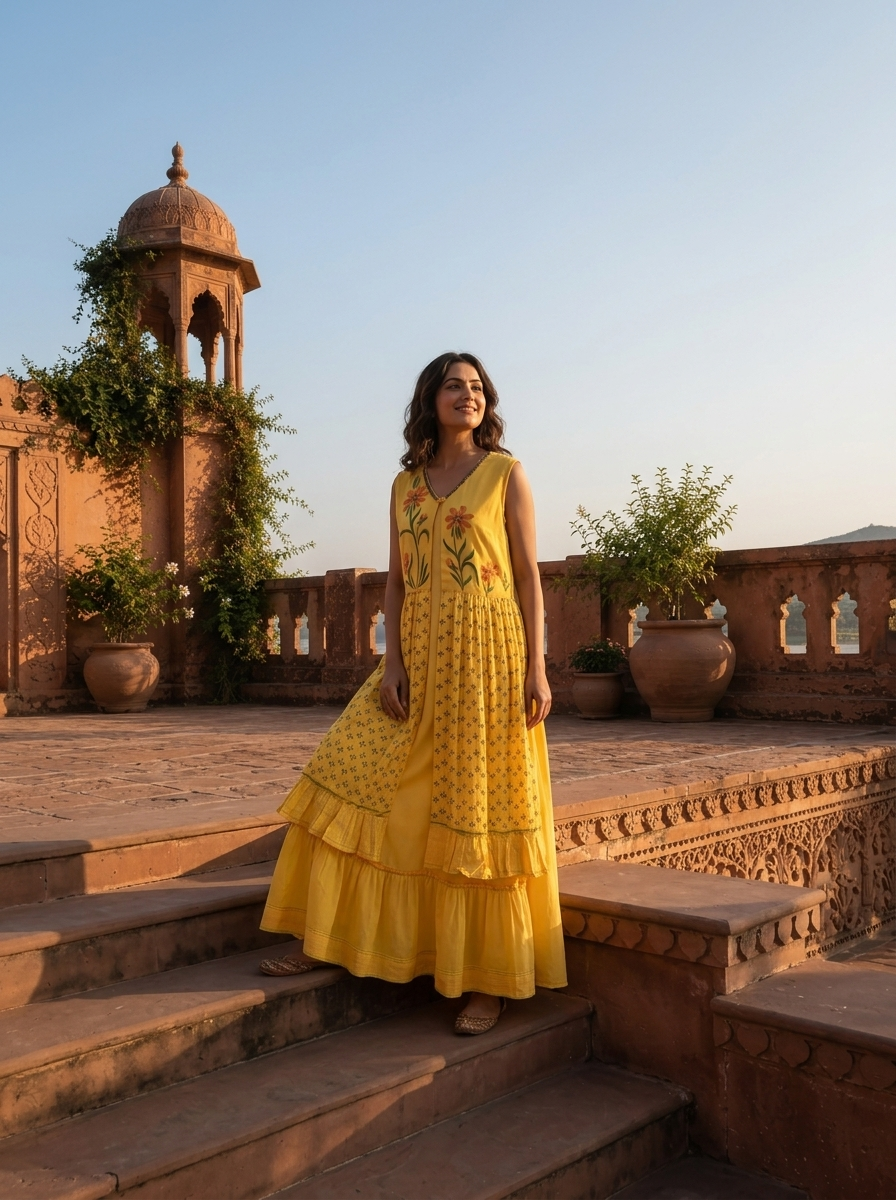 Yellow Rayon Floral Motif Printed Dress