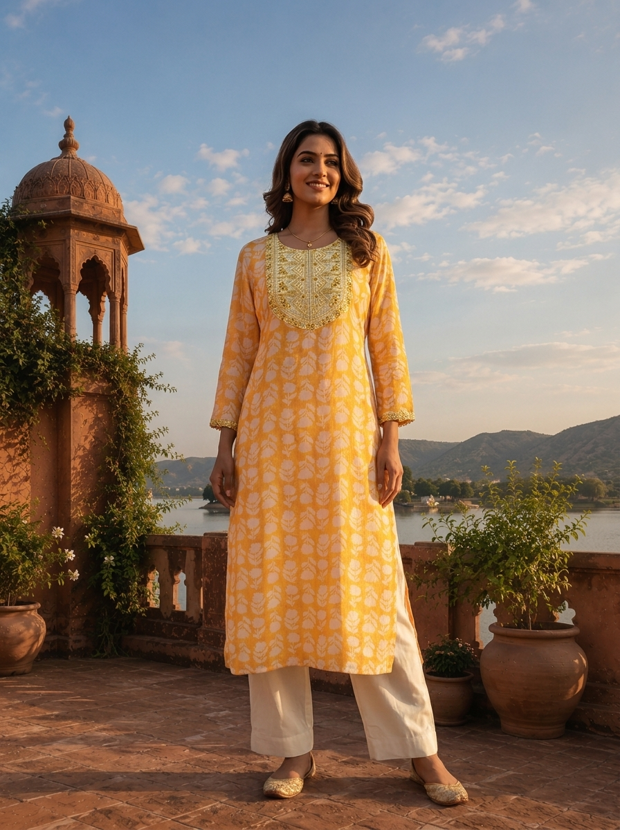 Yellow Muslin Floral Leaf Motif Printed Kurta