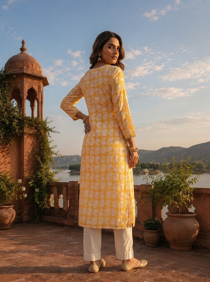 Yellow Muslin Floral Leaf Motif Printed Kurta